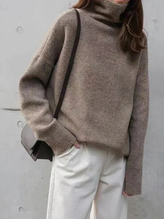 Women’s Turtleneck Sweater – Wool Blend – Relaxed Fit – Ribbed Cuffs – Hip Length