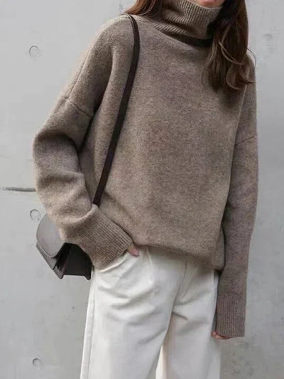 Women’s Turtleneck Sweater – Wool Blend – Relaxed Fit – Ribbed Cuffs – Hip Length