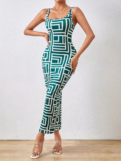 Women's Bodycon Midi Dress - Square Neck - Sleeveless - Geometric Pattern - Fitted Silhouette