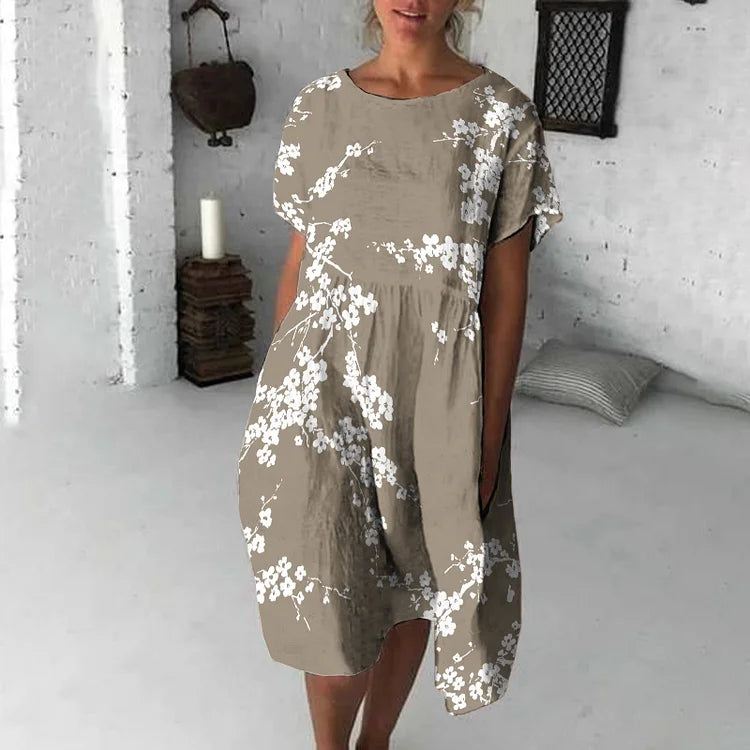 Women’s Midi Dress – Flowy Fit – Short Sleeve – Floral Print – Breathable Blend