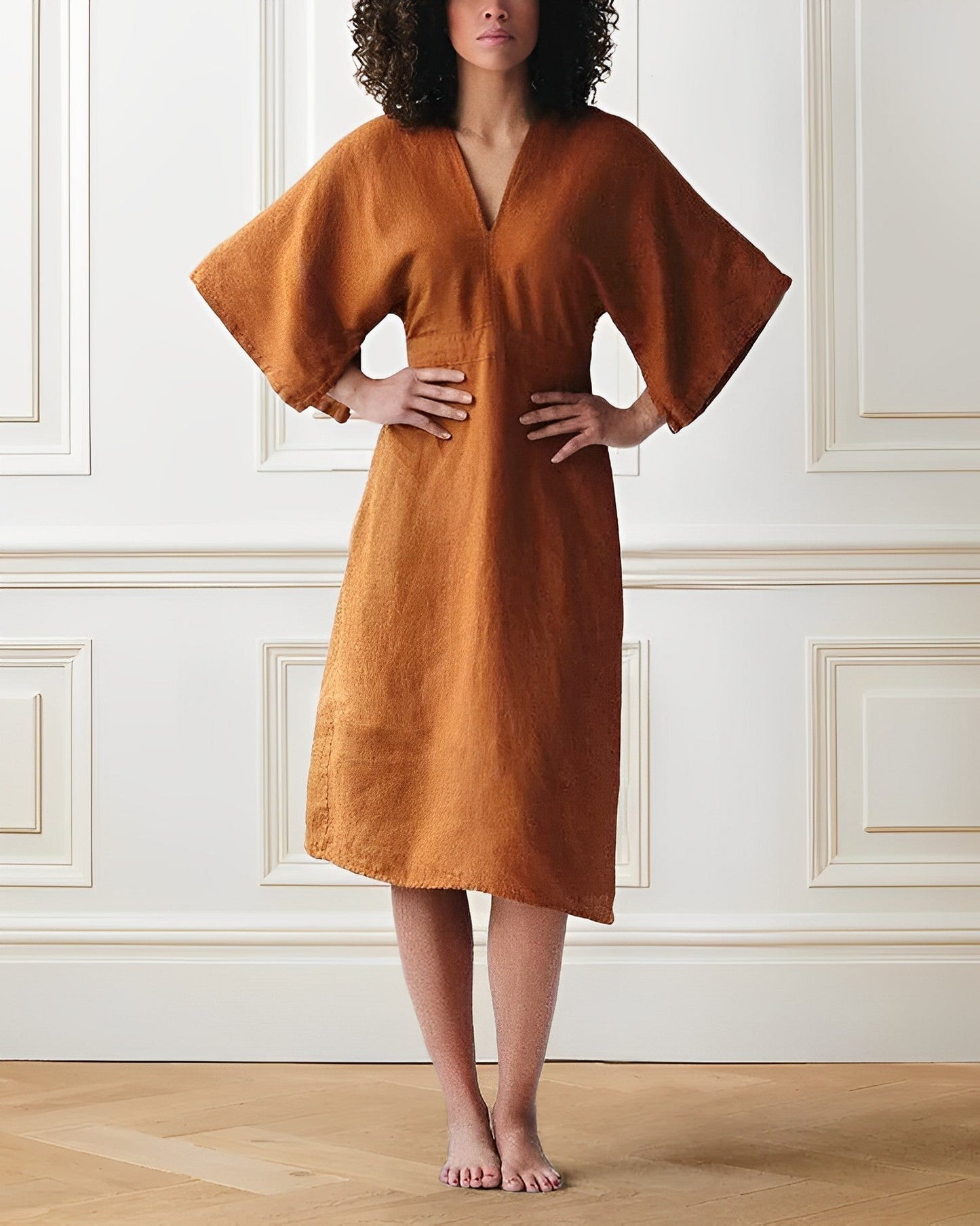 Women's Wrap Dress - V-Neck - Kimono Sleeve - Tailored Waist - Midi Length Elegant