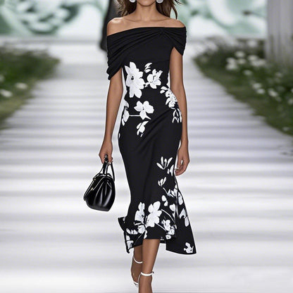 Women’s Midi Dress – Off Shoulder – Fitted Waist – Floral Print – Breathable Blend