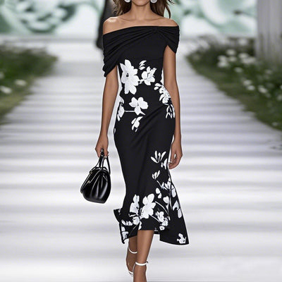 Women’s Midi Dress – Off Shoulder – Fitted Waist – Floral Print – Breathable Blend
