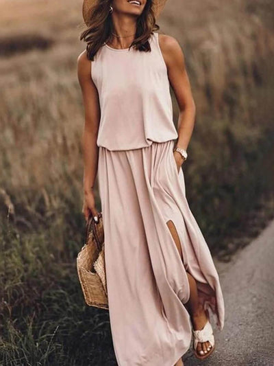 Women’s Maxi Dress – Sleeveless Flowy Fit – Round Neck – Side Slit Casual Style