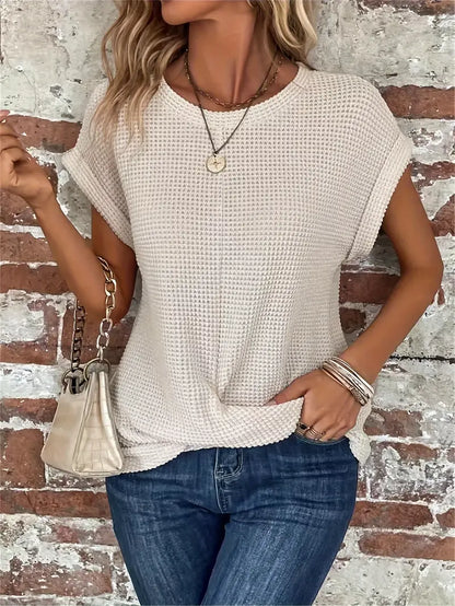 Women's Knit Top - Waffle Texture - Loose Fit - Round Neck - Breathable Casual Wear