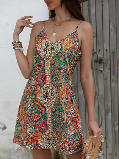 Paisley print sleeveless spaghetti strap summer dress for women