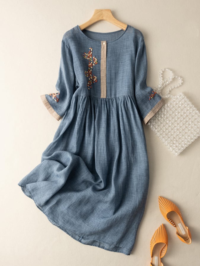 Women’s Midi Dress – Relaxed Fit – Natural Fibers – Embroidered – 3/4 Sleeve – Button Neckline