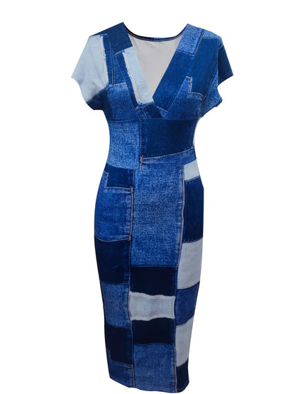 Women's Bodycon Dress - Patchwork Denim - Midi Length - V-Neck Short Sleeve