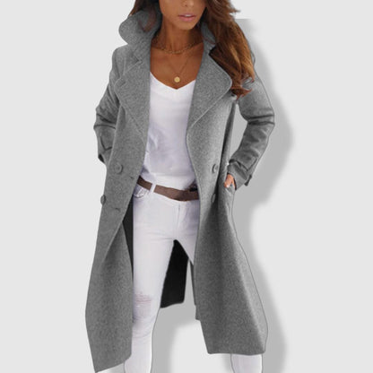 Women's Trench Coat - Wool Blend - Double-Breasted - Wide Lapel - Longline Elegant Fit