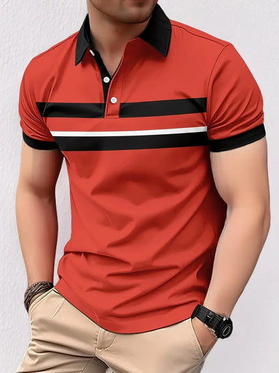 Men’s Polo Shirt - Regular Fit - Contrast Collar & Cuffs - Striped Chest Design