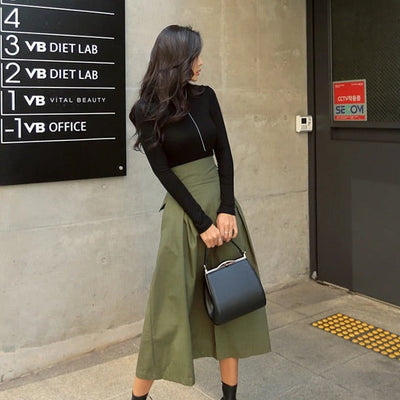 Women’s Midi Skirt – High Waisted – A-Line Fit – Pleated Waist – Breathable Blend
