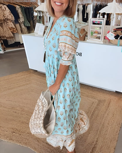 Women’s Maxi Dress – Boho Floral Print – V-Neck – Relaxed Fit – Natural Fibers