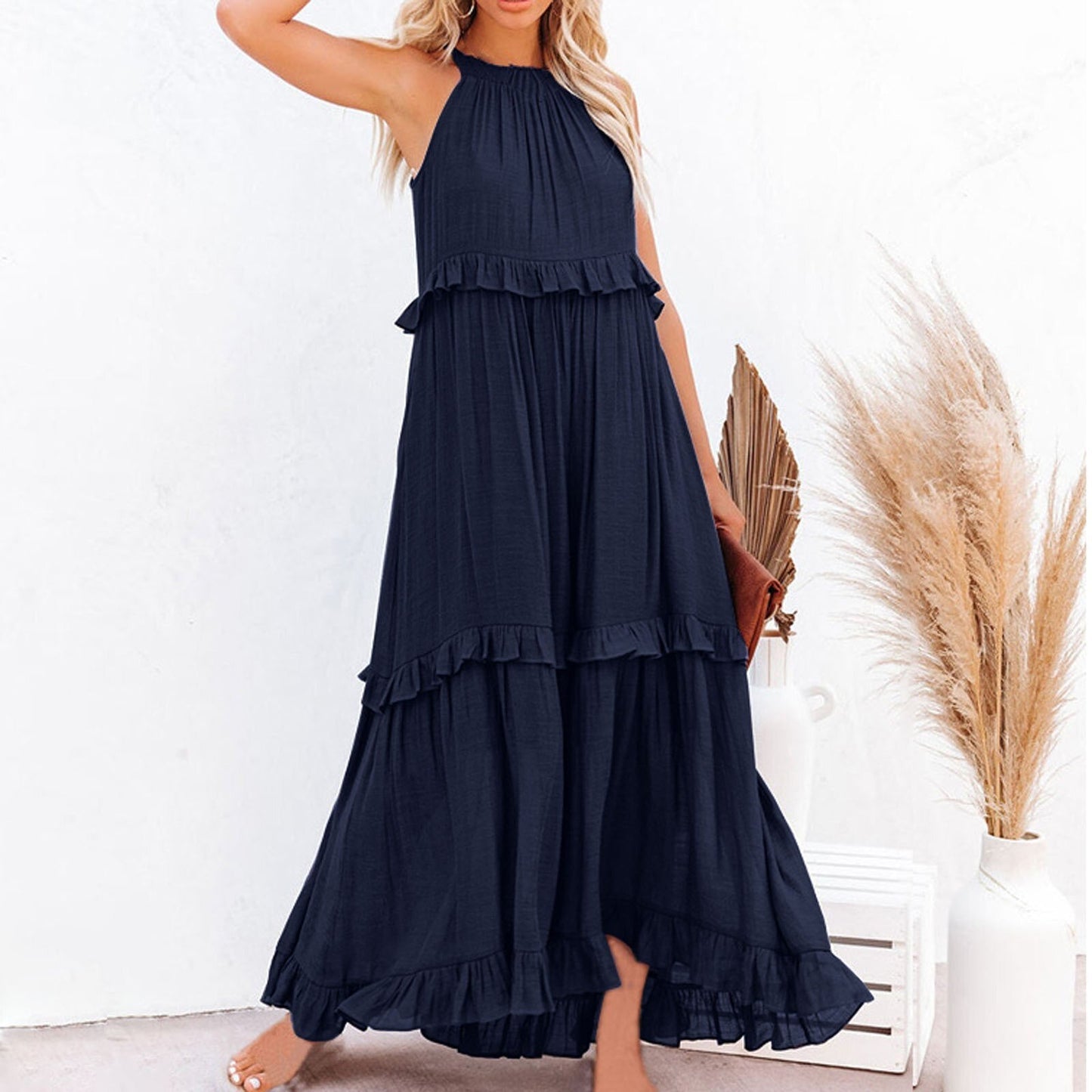 Women's Maxi Dress - Sleeveless High-Low Hem - Ruffled Layers - Flowy & Breathable