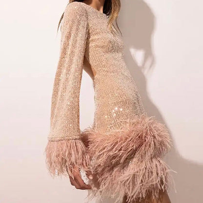 Sequin Dress with Feather Trim