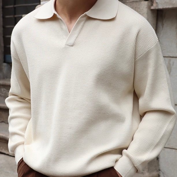Men’s Knit Pullover Top – Relaxed Fit – Ribbed Cotton Blend – Buttonless Collar – Long Sleeve
