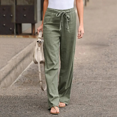 Women’s Wide-Leg Trousers – High Waist – Breathable Blend – Fabric Tie Belt – Full Length