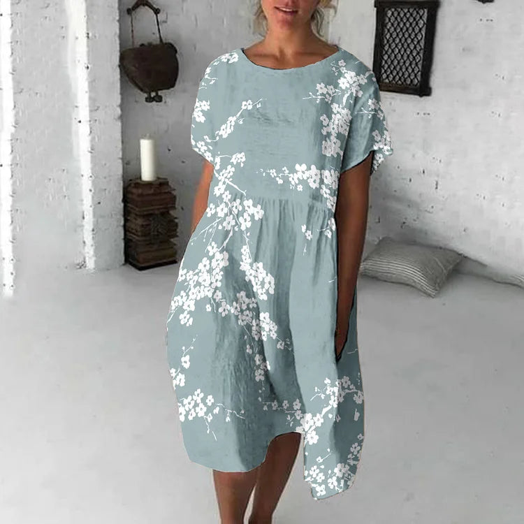 Women’s Midi Dress – Flowy Fit – Short Sleeve – Floral Print – Breathable Blend