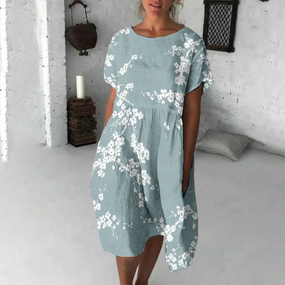 Women’s Midi Dress – Flowy Fit – Short Sleeve – Floral Print – Breathable Blend