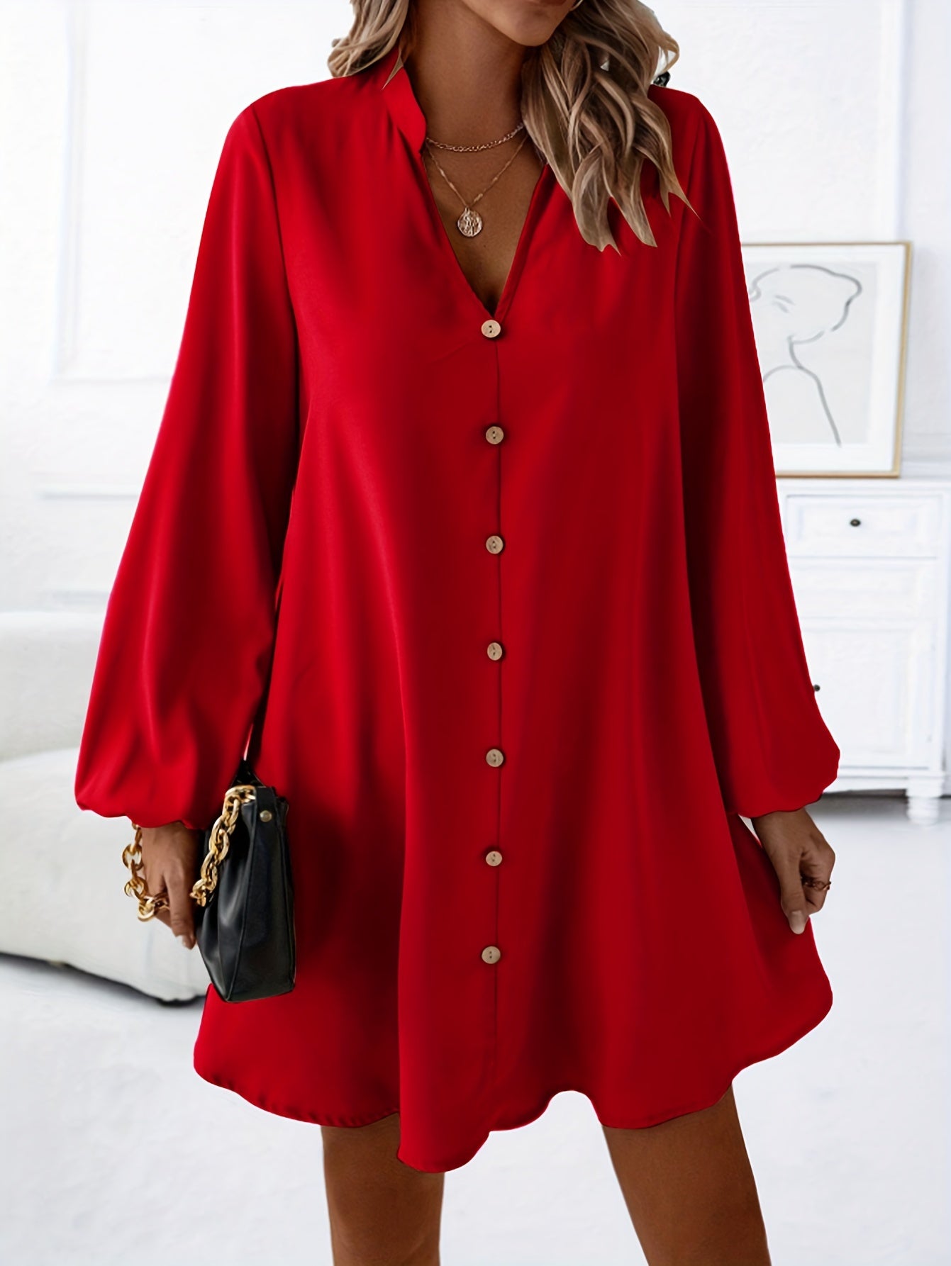 Long sleeve button-down mini dress for women