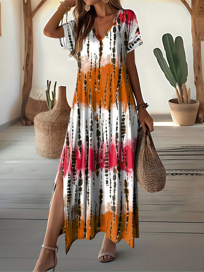 Women’s Maxi Dress – V-Neck – Abstract Print – Short Sleeve – Relaxed Fit – Side Slits