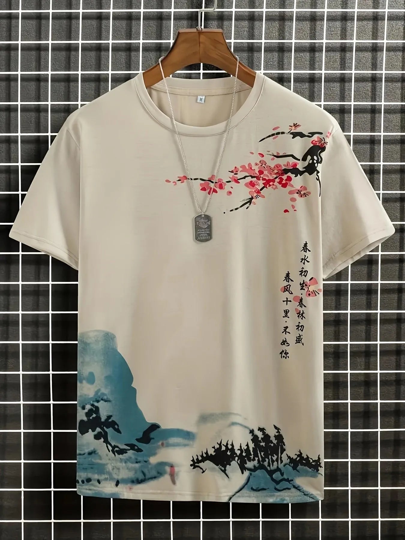 Men’s T-Shirt - Artistic Blossom & Wave Design - Short Sleeve - Casual Wear