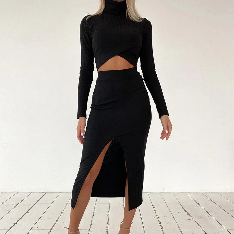 Women’s Ribbed Knit Two-Piece Set – Long-Sleeve Crop Top – High-Waisted Midi Skirt with Front Slit