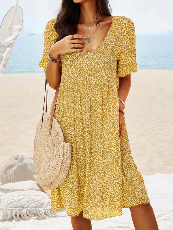 Women's Floral Dress - Lightweight Flowy Fabric - V-Neck Short Puff Sleeve - Knee Length