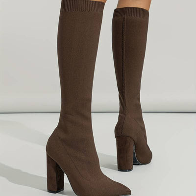 Women’s Knee High Sock Boots – Stretch Knit – Slim Fit – Pointed Toe – Block Heel