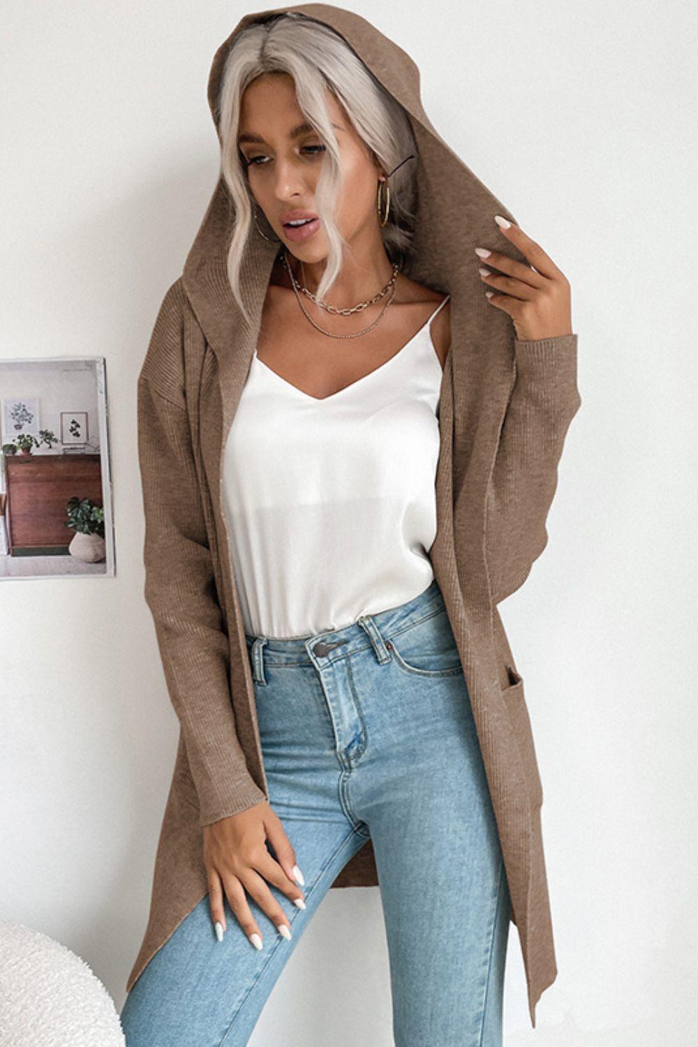 Women's ribbed open-front cardigan with hood and pockets