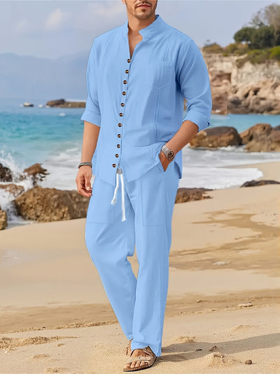 Men’s Beachwear Set - Long Sleeve Button-Up Shirt & Drawstring Trousers - Relaxed Fit