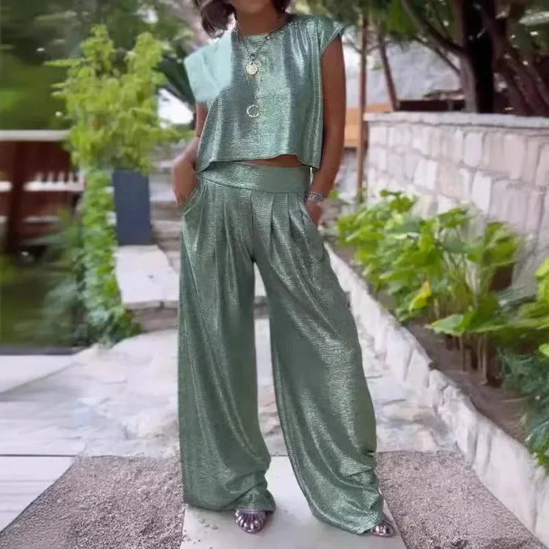 Women’s Two-Piece Set – Sleeveless Crop Top – High-Waist Wide-Leg Trousers – Silk Feel