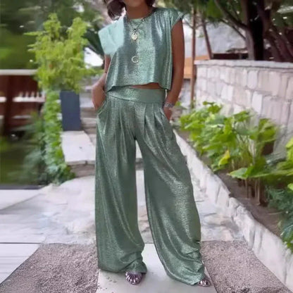 Women’s Two-Piece Set – Sleeveless Crop Top – High-Waist Wide-Leg Trousers – Silk Feel