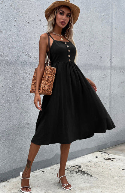 Women's Midi Dress - Sleeveless A-Line - Button-Down Fitted Bodice - Flared Casual Fit