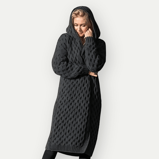 Women’s Hooded Jacket – Wool Knit – Relaxed Fit – Longline – Cable Pattern – Open Front