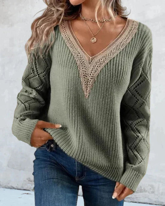 Women’s V-Neck Sweater – Soft Knit – Relaxed Fit – Lace Trim – Open Knit Sleeves