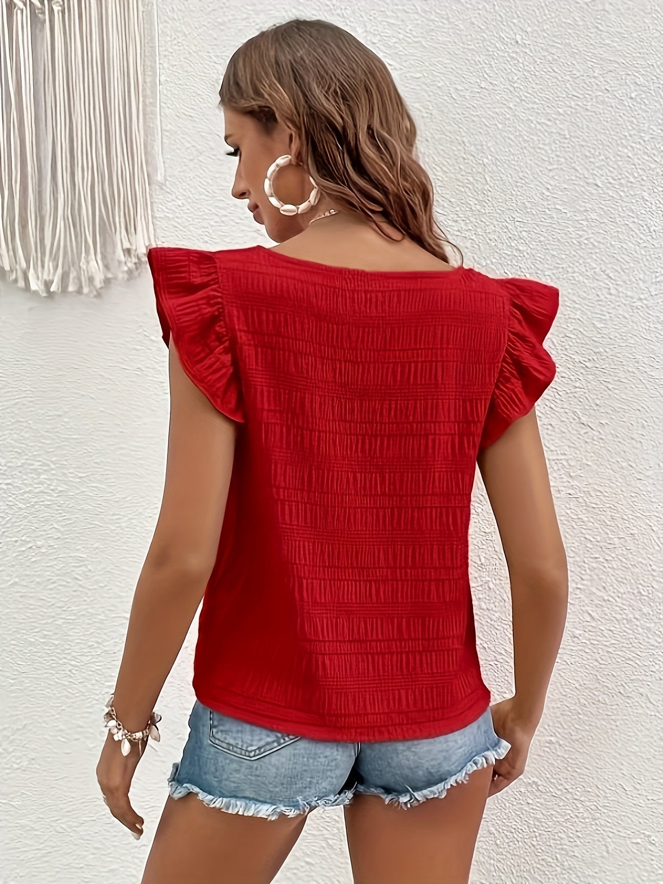 Smocked square-neck top with flutter sleeves for women