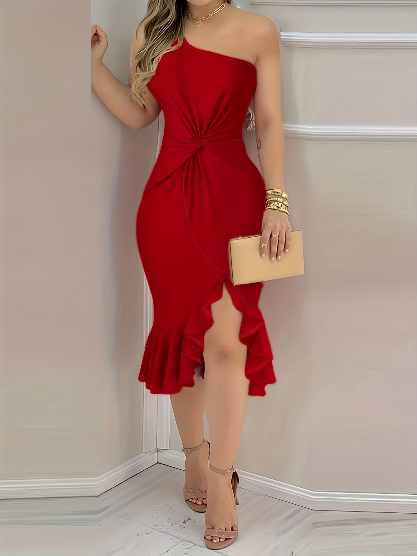 One-shoulder ruffle hem midi dress for women