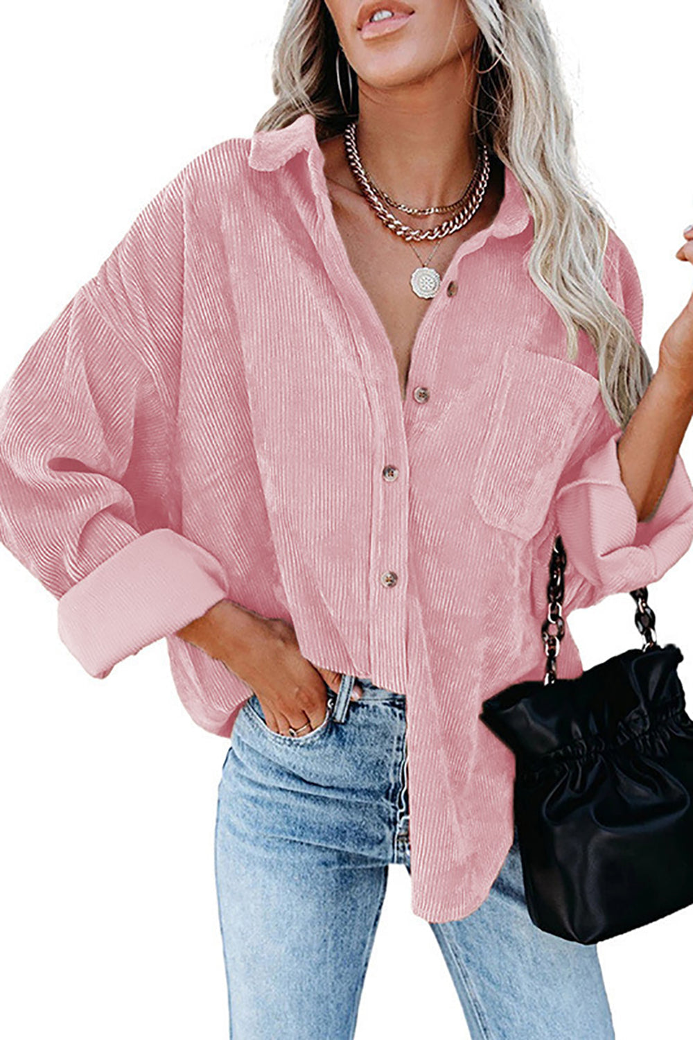 Women’s Button-Up Shirt – Oversized Fit – Textured Fabric – Rolled Sleeves Casual Style