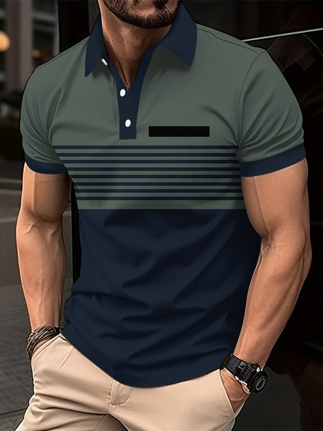 Men's Polo Shirt - Slim Fit - Short Sleeve - Striped Chest Design - Buttoned Placket