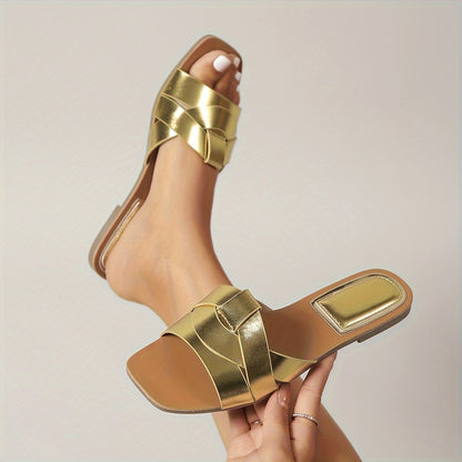 Women's Square Toe Slide Sandals - PU Strappy Flats for Casual Spring & Summer Beachwear
