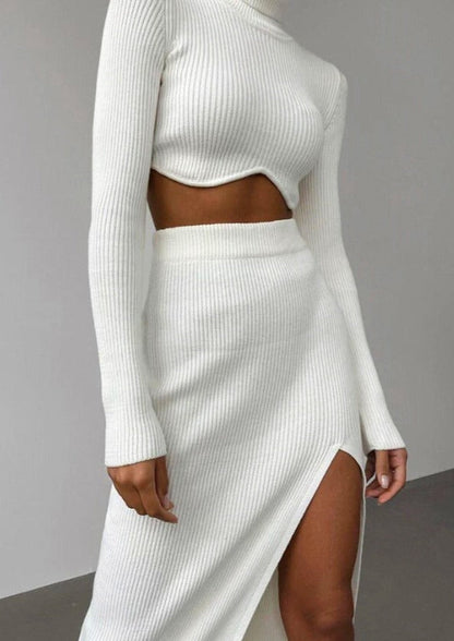 Womens High-Neck Sweater Set with Asymmetrical Cropped Top and Skirt