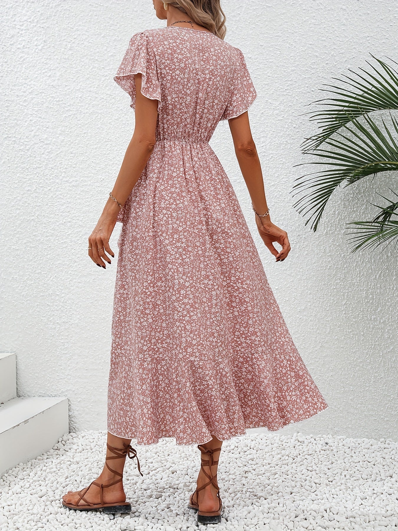 Women's Wrap Dress - Floral Print - V-Neck - Short Flutter Sleeves - Midi Length