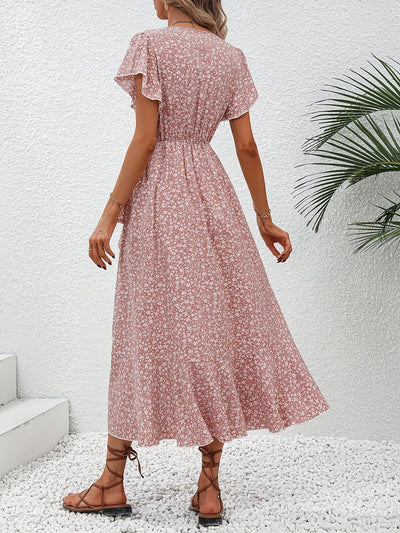 Women's Wrap Dress - Floral Print - V-Neck - Short Flutter Sleeves - Midi Length
