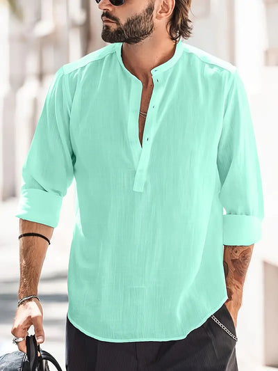 Men’s Long Sleeve Shirt – Relaxed Fit – Breathable Blend – Mandarin Collar – Casual Style