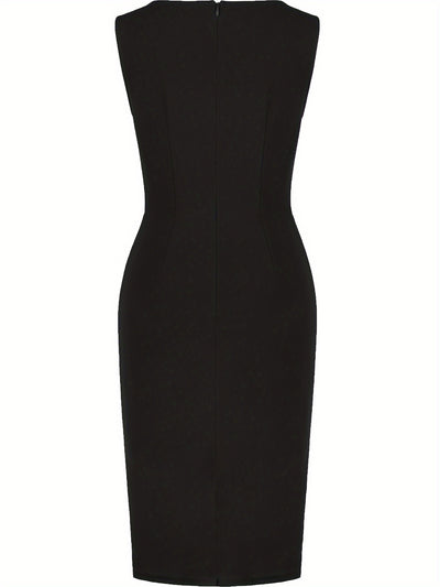 Elegant Asymmetrical Hem Pencil Dress - Stretch Knit Fabric, All-Season Solid Crew Neck
