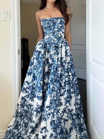 Women’s Maxi Dress – Strapless Fitted Bodice – Flared Silhouette – Formal Floral Elegance