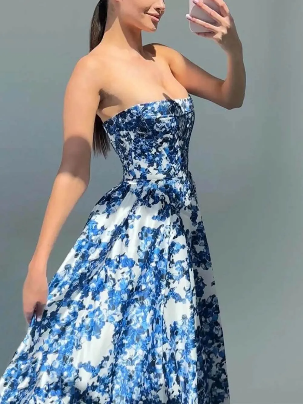 Women’s Maxi Dress – Strapless Fitted Bodice – Flared Silhouette – Formal Floral Elegance