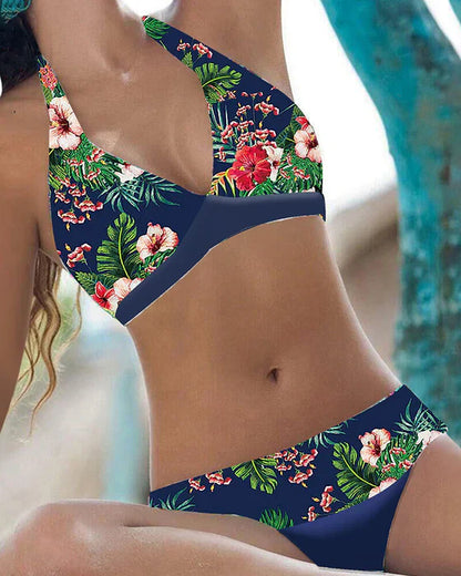 Women’s Bikini Set – Stretch Fit – V-Cut Halter Neck – Floral Print – Brief Bottoms