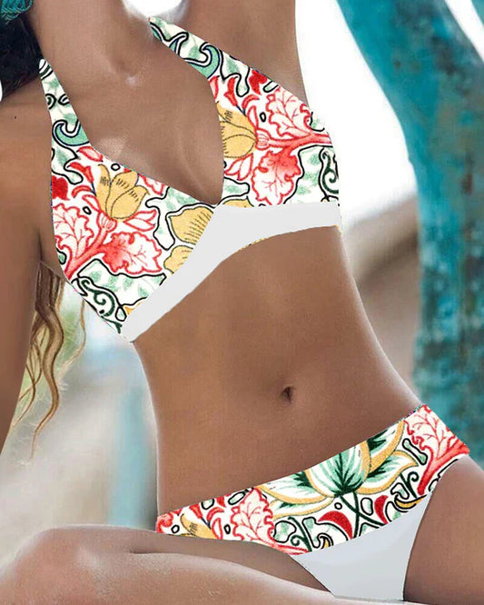 Women’s Bikini Set – Stretch Fit – V-Cut Halter Neck – Floral Print – Brief Bottoms