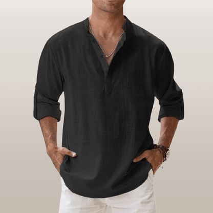 Men’s Henley Shirt - Linen Blend - Long Sleeve - Regular Fit Casual Wear